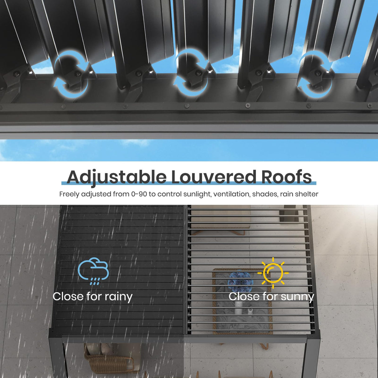 10' ×13' Outdoor Louvered Pergola, Aluminum Outdoor Louvered Pergola Patio with Adjustable Roof for Outdoor Deck (Black, 10x13) Sumshadow