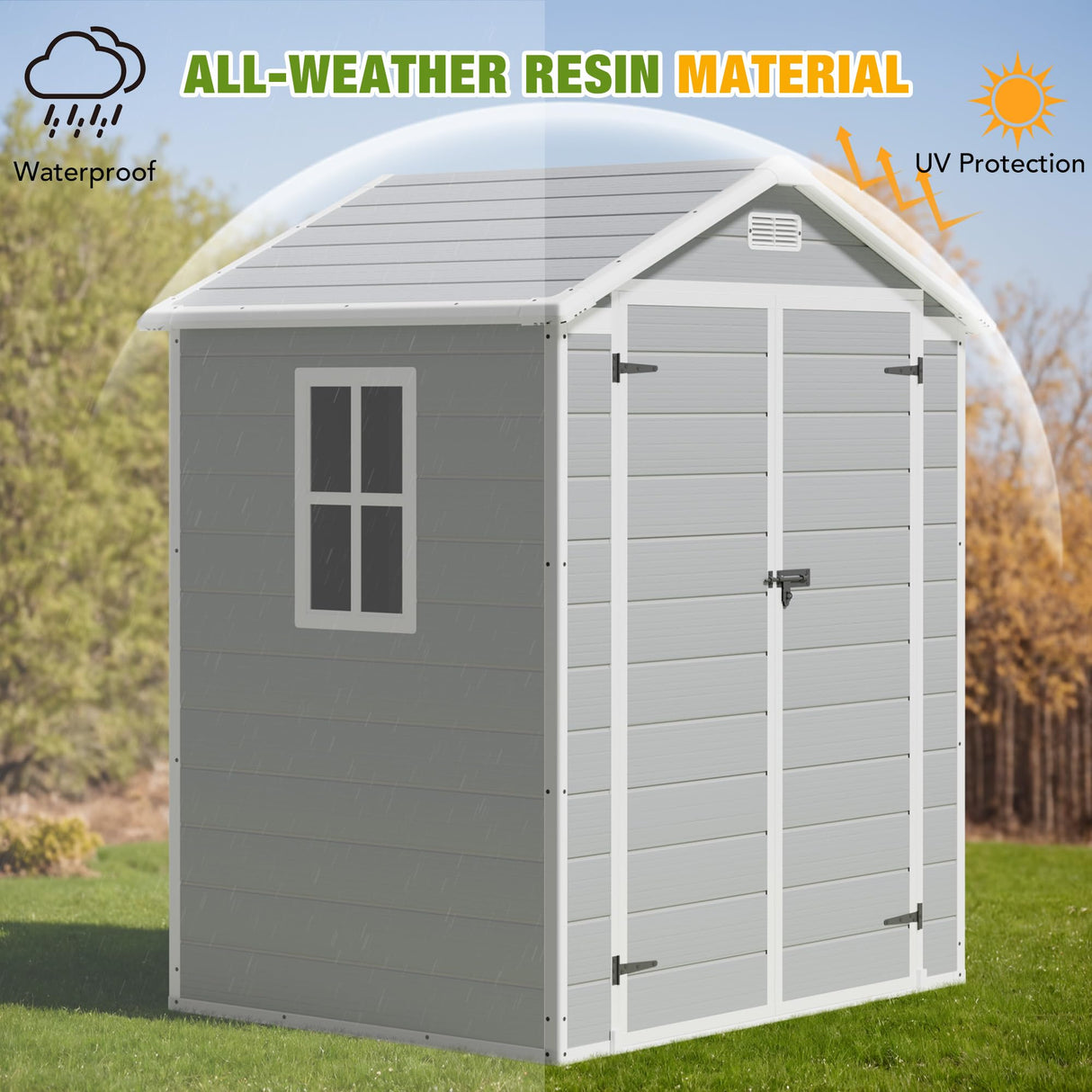 Greesum Outdoor Storage Shed 6X4FT All-Weather Resin Tool Room with Floor for Garden,Backyard,Pool Tool, Light Grey Greesum