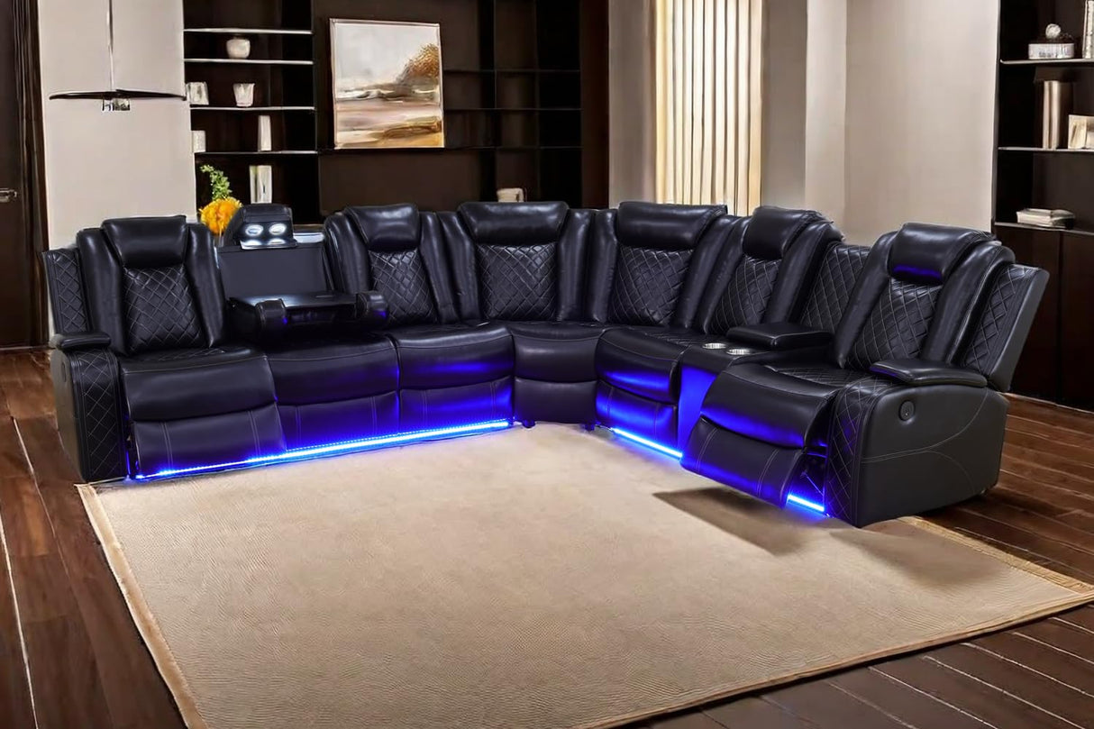 A Ainehome Power Recliner Set, Leather Sectional Sofa Set for Living Room, Home Theater, with LED Lights, Cup Holder, Hide-Away Storage, Wireless Charging(A-Black) A Ainehome