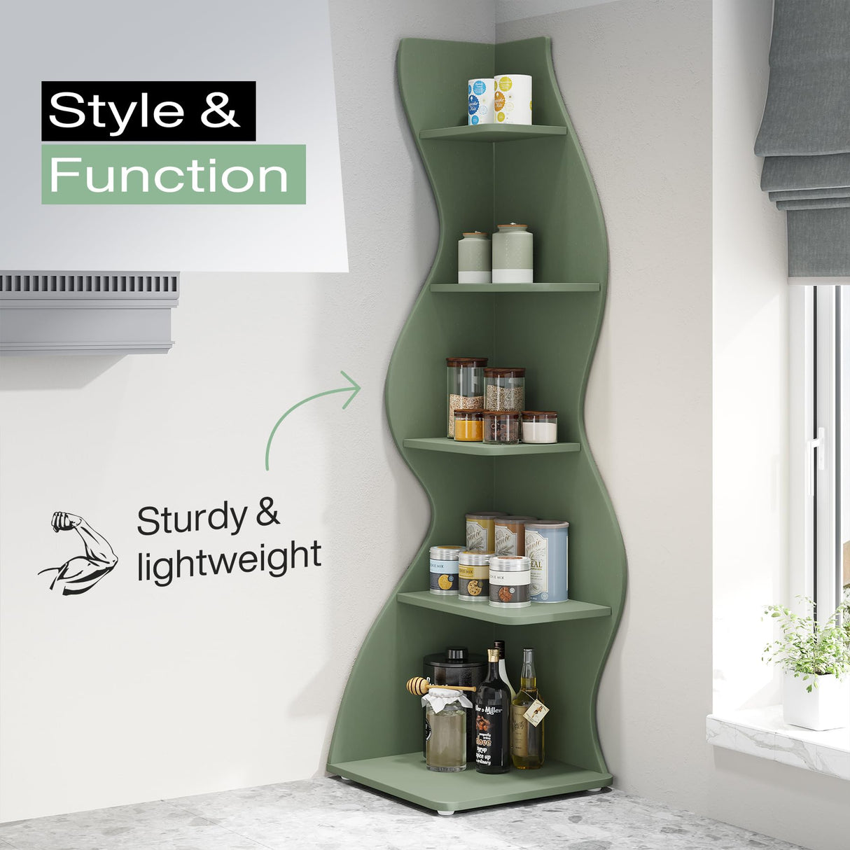 Tribesigns Corner Shelf, Modern 5-Tier Wall Corner Bookshelf, Stylish Corner Small Bookcase Storage Rack Plant Stand with Unique Shape for Living Room, Home Office (Sage Green, 1PC) Tribesigns