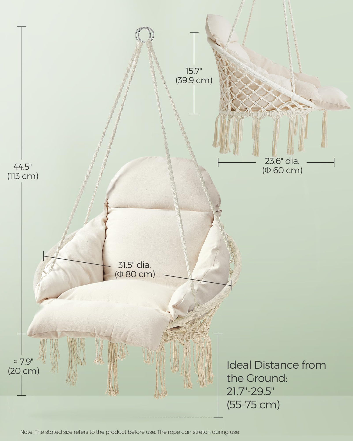 SONGMICS Hanging Chair, Hammock Chair with Large, Thick Cushion, Boho Swing Chair for Bedroom, Patio, Balcony, Garden, Holds up to 264 lb, Accessories Included, Cream White UGDC042M01 SONGMICS