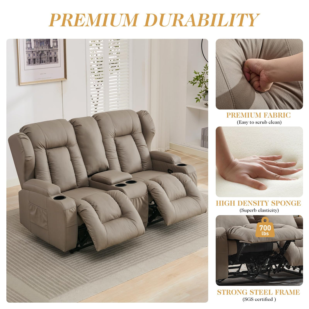 RV Loveseat Recliner with Console,Reclining Loveseat Sofa Wall Hugger Recliners for Small Spaces,Double Manual Recliner Couches with Cup Holders for Living Room Furniture (Fabric, Khaki) Generic