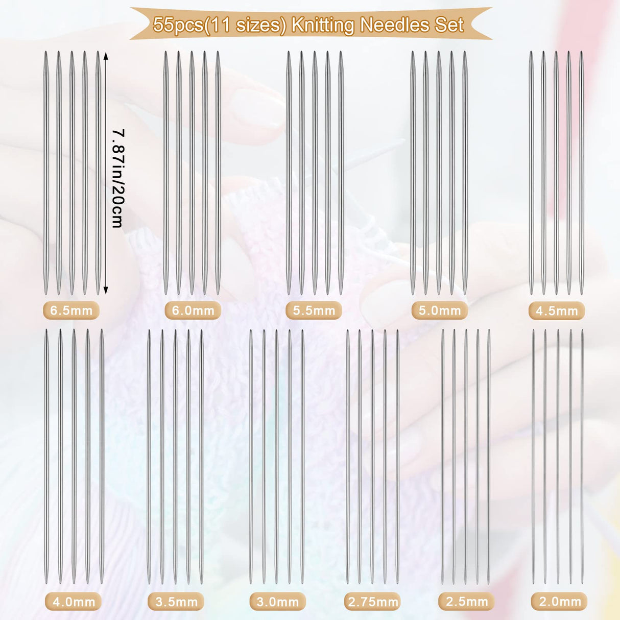 Aeelike 55pcs Double Pointed Knitting Needles - Short Knitting Needles Set Straight Knitting Needles Double Pointed for Beginners - 11 Sizes Stainless Steel Metal Knitting Needle Sets 2mm to 6.5mm Aeelike