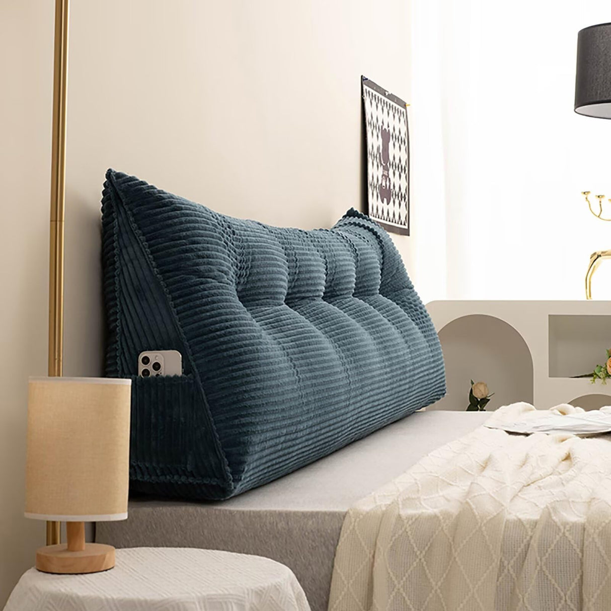 TESICA Corduroy Wedge Pillow Triangular Headboard Wedge Backrest Positioning Support Bed Rest Reading Pillows Headboard Wedge Pillows Bolster for Day Bed Bunk Bed, Navy Blue TESICA