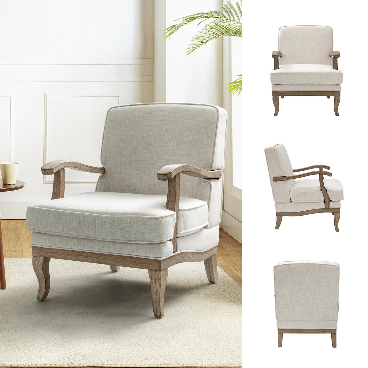 HULALA HOME Mid-Century Modern Accent Chair, Upholstered Living Room Lounge Chair, Lounge Armchair with Romantic Stripes & Solid Wood Legs, Living Room Bedroom Single Sofa Chair (Ivory) HULALA HOME