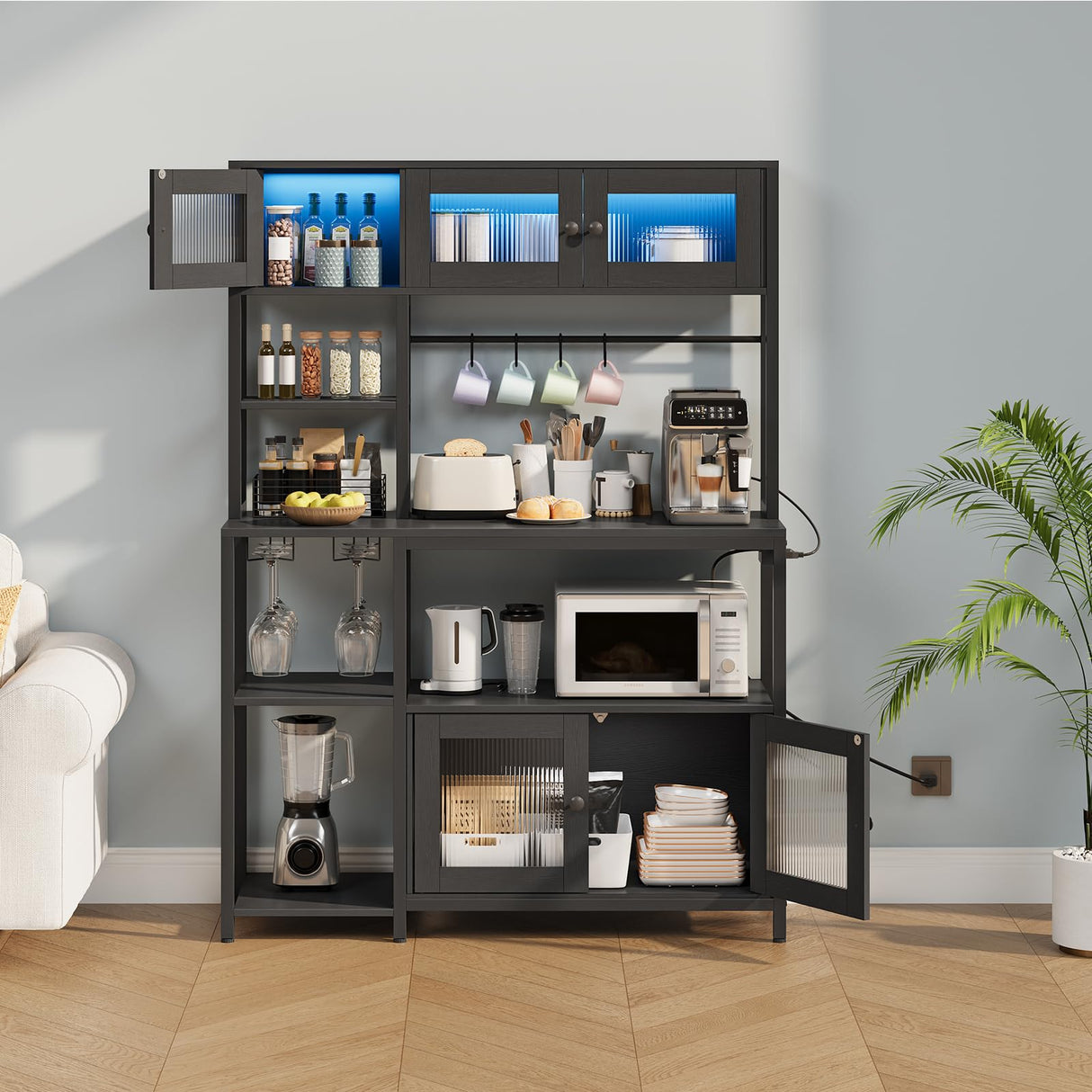 HOOBRO Bakers Rack with Power Outlet and LED Light, 45.3 Inch Microwave Stand with Shelves, Coffee Bar Cabinet with Wine Rack & 4-S Hooks, Kitchen Utility Storage Shelf with Cabinet, Black BB16UDHB01 HOOBRO