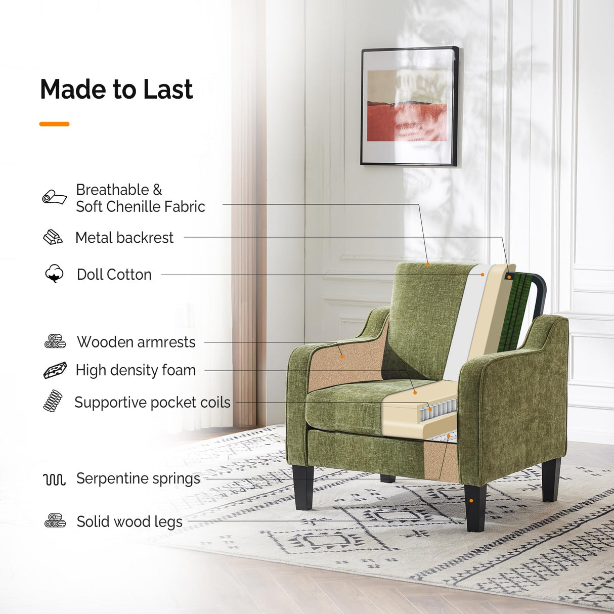 VINGLI Accent Chair for Living Room Chairs Olive Green Reading Chair for Bedroom Scooped Arm Chair Mid Century Modern Accent Chairs Upholstered Comfy Chair for Apartment, Waiting Room VINGLI