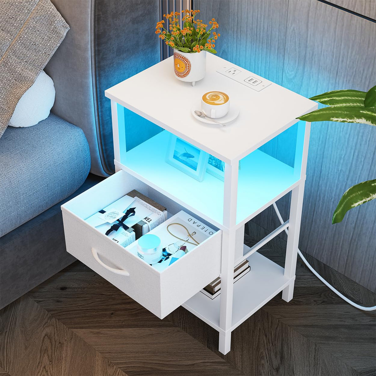 VIMBER Nightstand Set of 2, Adjustable LED Side Table with Charging Station and Fabric Drawer,Beside Tables with Open Compartment for Living Room, Easy Assemble, 3 Tier End Table for Bedroom, White VIMBER