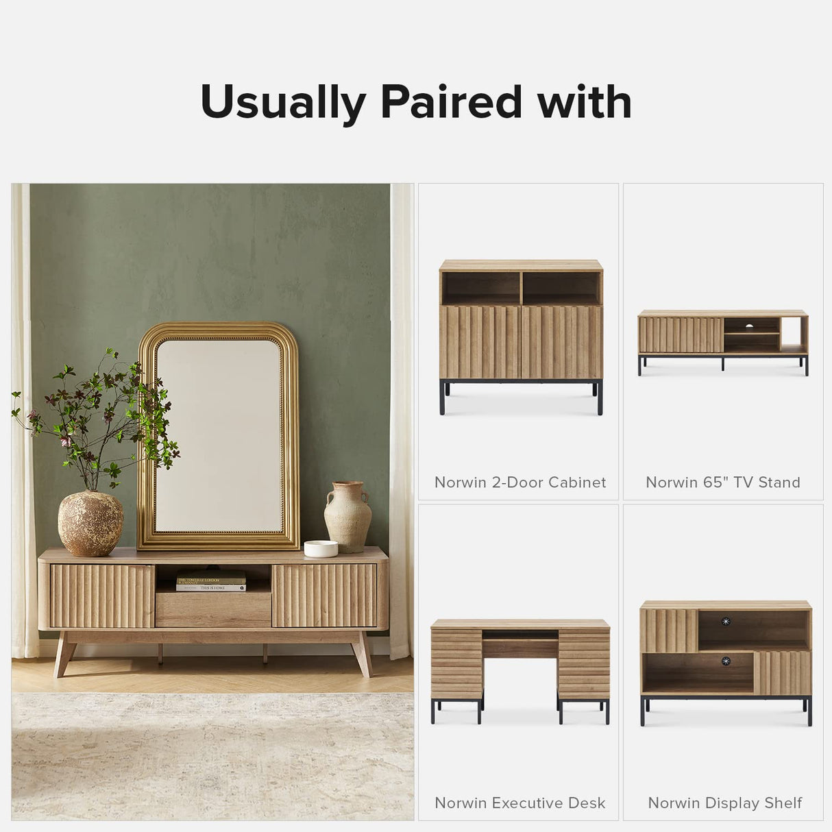 mopio Brooklyn Mid-Century Modern TV Stand, for TVs up to 50” Waveform Panel, Sleek Curved Profile with Adjustable Shelf and Sturdy Box Frame Leg (Golden Oak, 57") mopio