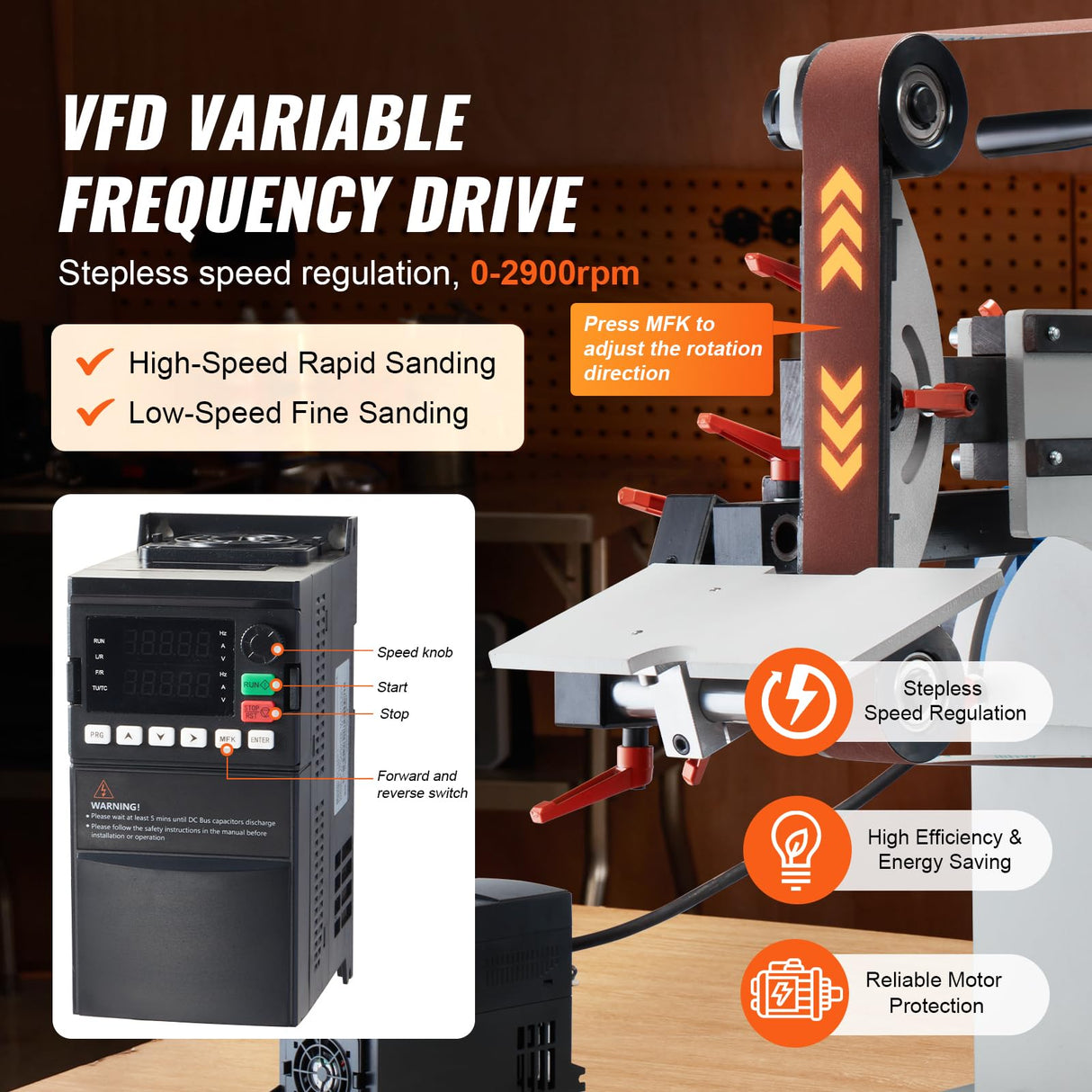 VEVOR Belt Grinder Sander, 72 x 2-Inch Variable Speed Belt Polisher with VFD, 1500W Knife Sharpener with 3 Grinding Moulds & 3PCS Sanding Belts for Metalworking, Compatible with 72"- 82 * 2" Belts VEVOR