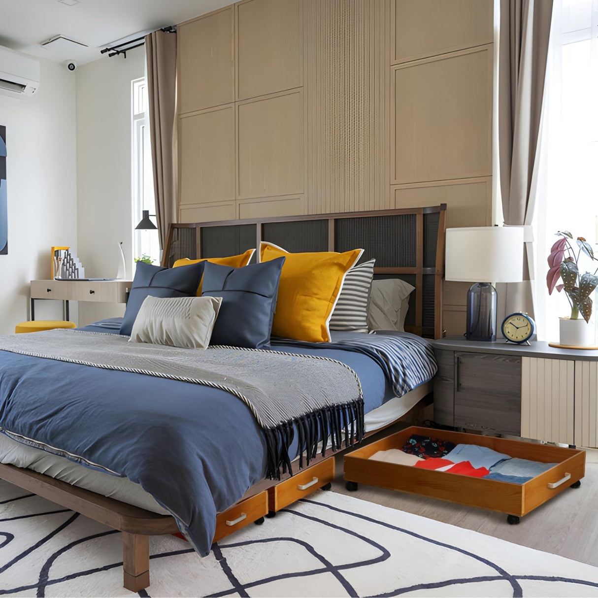 2-Pack Solid Wood Under Bed Storage with Wheels, Underbed Drawers Underneath with Handle - Wooden Crate Clothes Storage Containers Organizer (Light Brown) - Fits Any Size Bed Ofiray-home