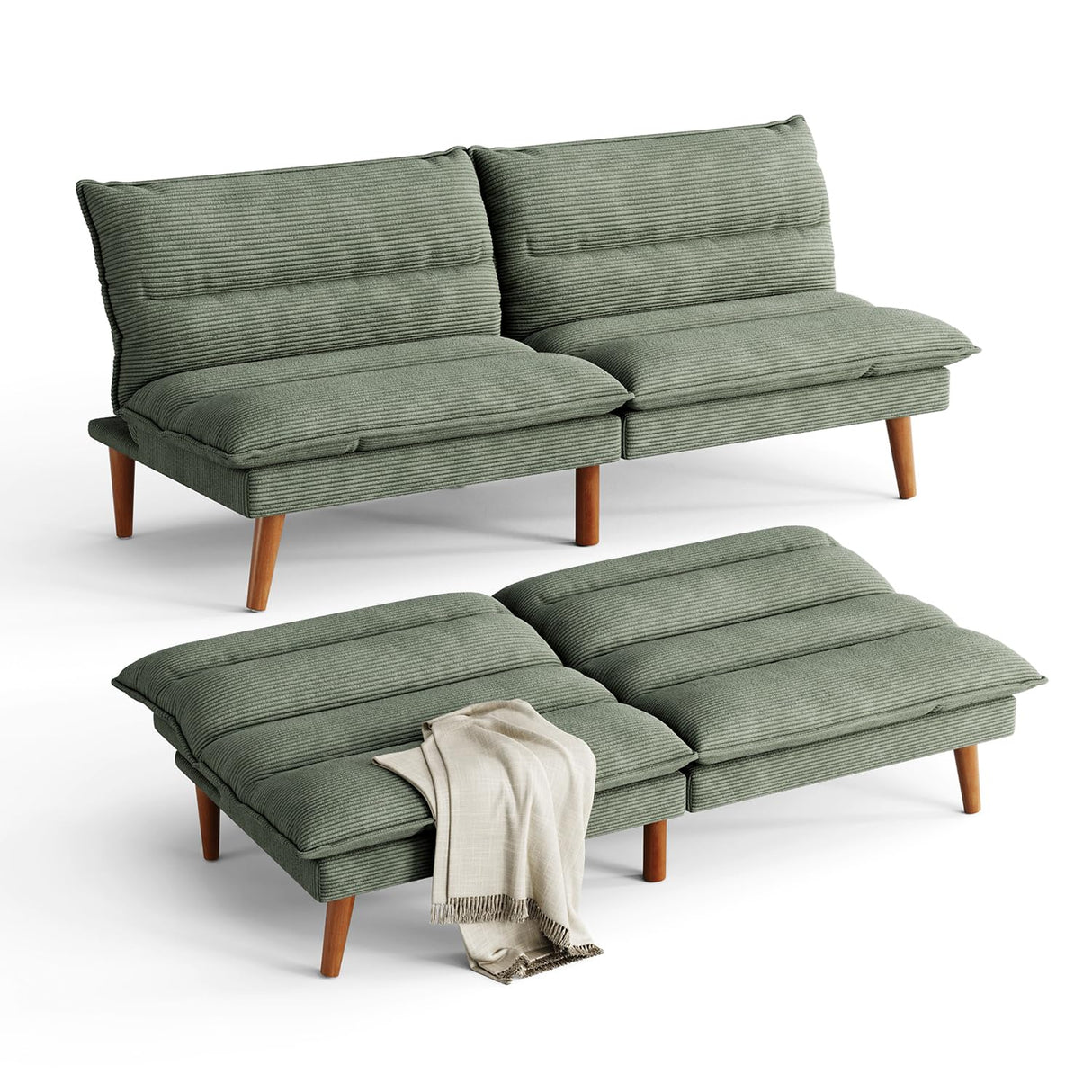 LINSY Futon Sofa Bed: Corduroy Futon Couch with Adjustable Backrest, Comfy Loveseat Convertible Folding Sleeper Sofa Couches for Small Spaces Living Rooms Apartment Office, Green LINSY