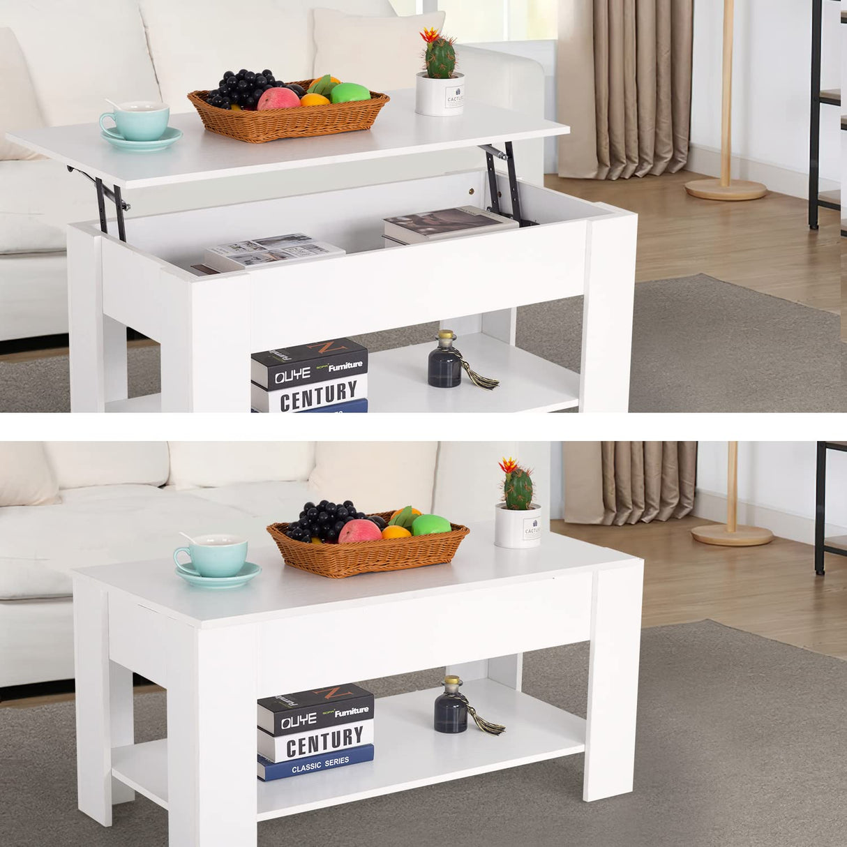 FDW Lift Top Coffee Table with Hidden Compartment and Storage Shelf Wooden Lift Tabletop for Home Living Room Reception Room Office,White FDW