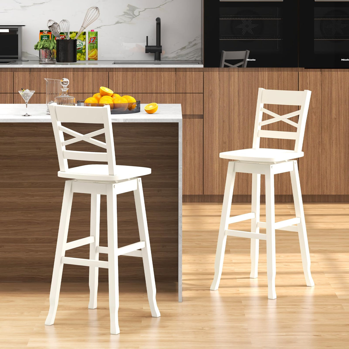 COSTWAY 30-Inch Bar Height Stool Set of 2, Rubber Wood Swivel Bar Stool with Inclined Backrest, Curved Seat & Footrest, Bar Chair for Kitchen Island & Pub (2, White) COSTWAY