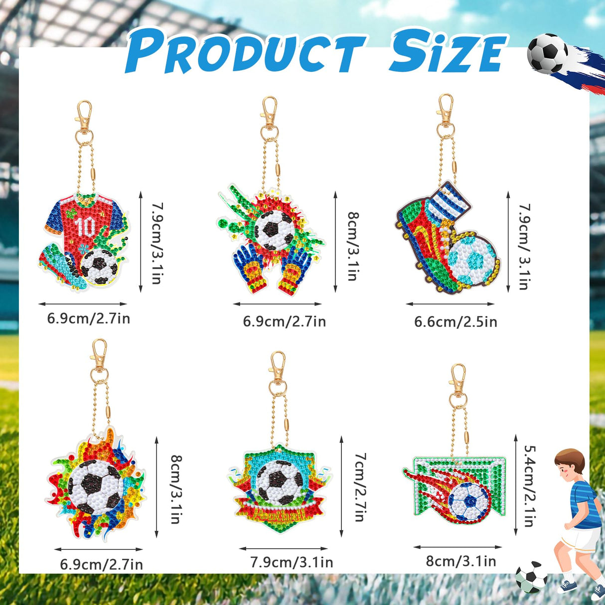 JSRQT 5D DIY Football Diamond Art Painting Keyrings Kit, Double-Sided Diamond Pasted Painting Keychians for Adult Kids, Rhinestone Mosaic Craft Painting Pendant for Handbag Backpack Party Decoration JSRQT