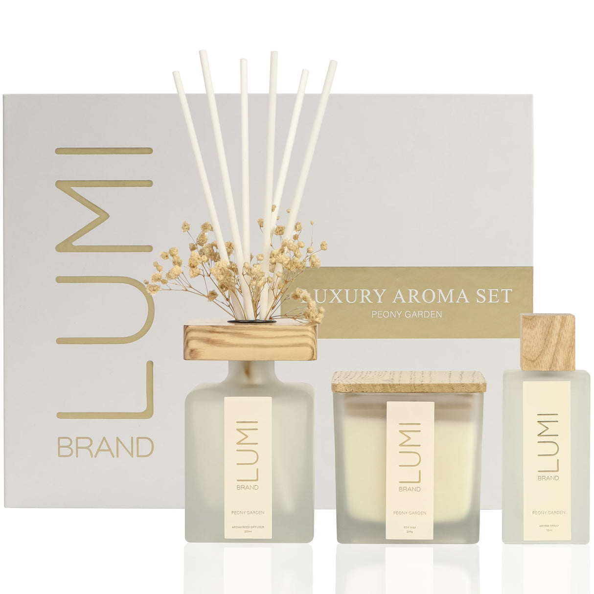 Luxury Aroma Set | Scented Reed Diffuser (200ml), Scented Wood Wick Soy Candle (200g), Aroma Room Spray (50ml), Includes Dried Flowers, 8 Reed Sticks - Home Fragrance Gift Set (Peony Garden) Lumi Brand