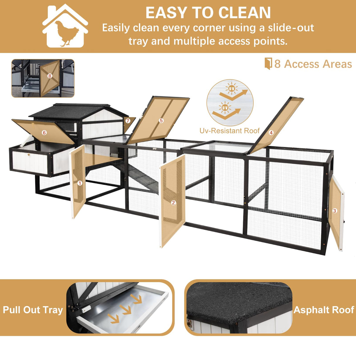 PetsCosset 116" L Large Chicken Coop and Run, Hen House with 4 Nesting Box Boxes, Rabbit Hutch Poultry Bunny Cage for 4-6 Chickens with 4 Perches, Removable Tray and Ramp and UV-Resistant Roof Panel PetsCosset