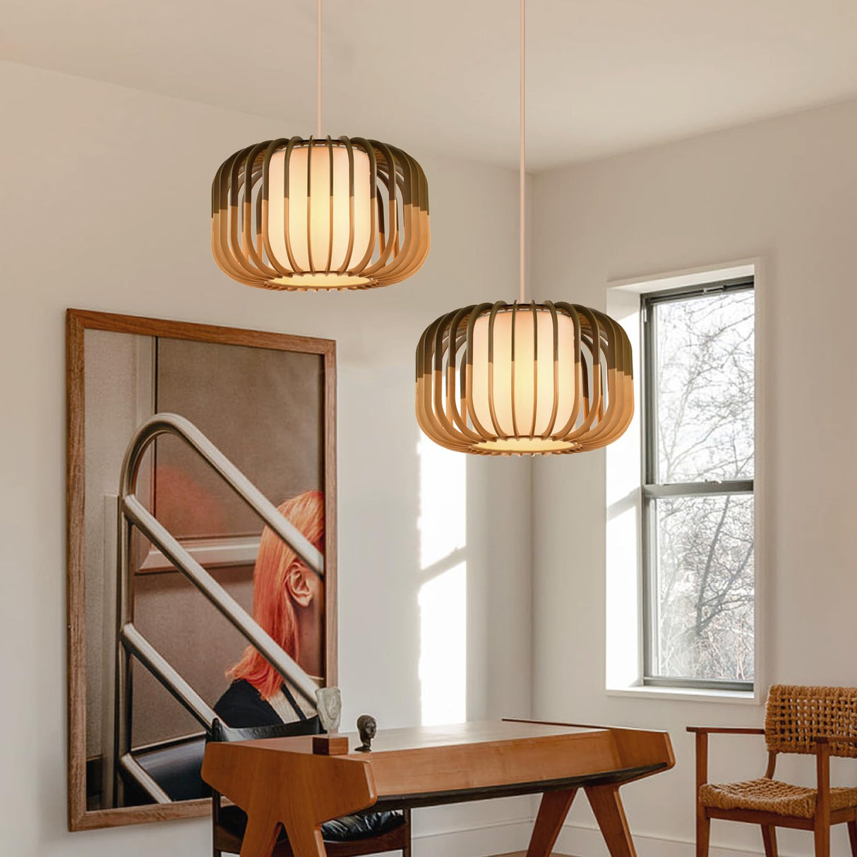 Arturesthome Wood Pendant Lights, Wicker Chandelier Boho Pendant Light Basket Lighting Fixture, Large Natural Woven Hanging Lamp for Kitchen Island Dining Room Entryway Arturesthome