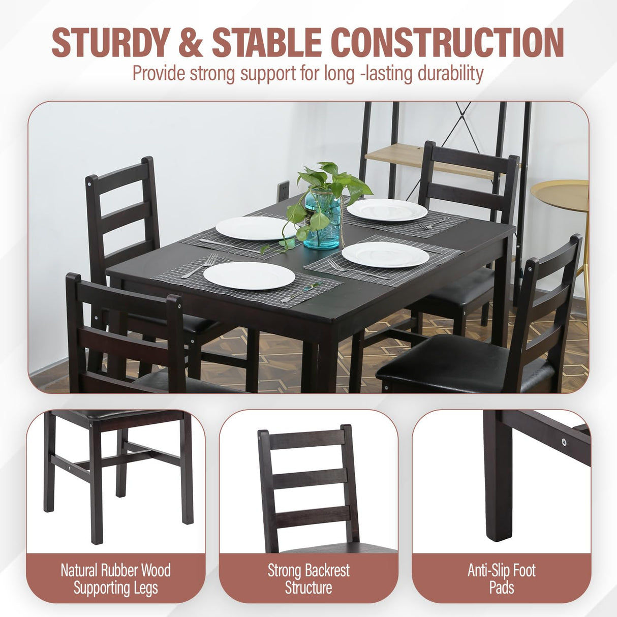 MGHH 5 Pieces Kitchen Dining Room Set Dining Kitchen Table and Chairs Mid Century Style Wood Dinette Table Set for Home Family Dining Area Dark Brown MGHH