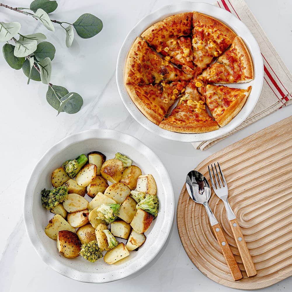 HVH 10 inch Pie Pan for Baking, Ceramic Pie Dish, Deep Dish Pie Plate for Dessert Kitchen, Deep Dish Pie Pan with Fluted Edge, Set of 2, Farmhouse Style (White) HVH