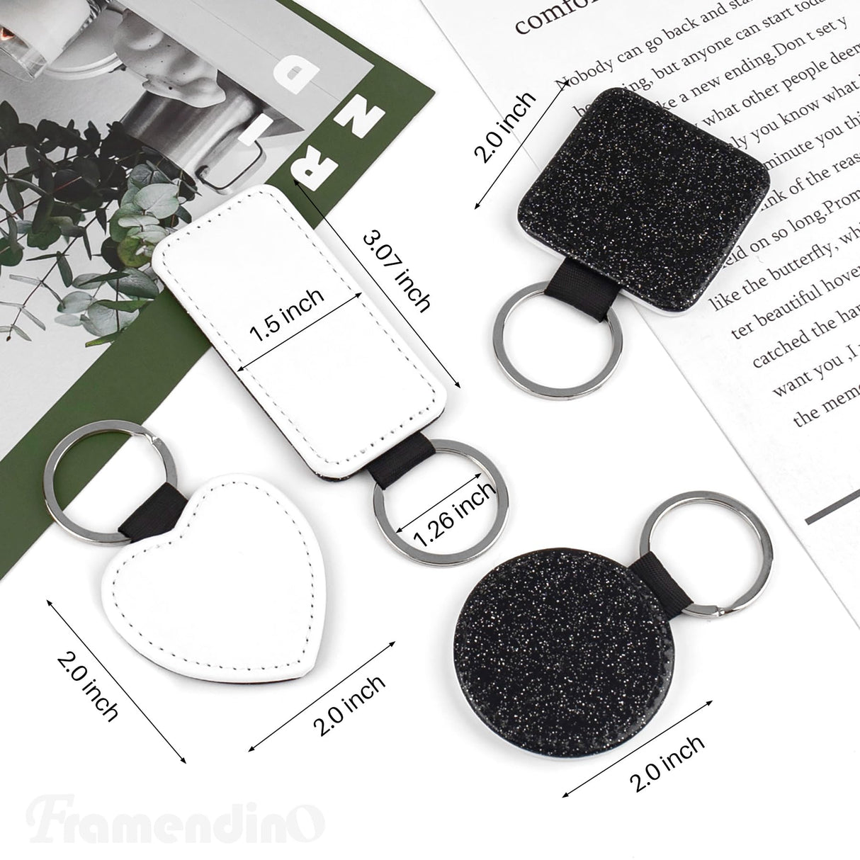 Framendino, 8 Pack Sublimation Blank Keychain Glitter PU Leather Heat Transfer Keyrings Heart Round Square Rectangle Key Chain for DIY Craft Making Framendino