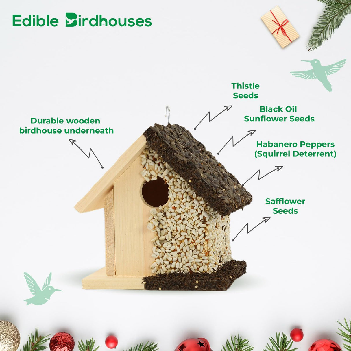 Edible Birdhouses Handmade Unique Wooden Birdhouse Covered w/Birdseed- Reseedable Bird Feeder-Made in USA- Holiday Design! (SL) EDIBLE BIRDHOUSES