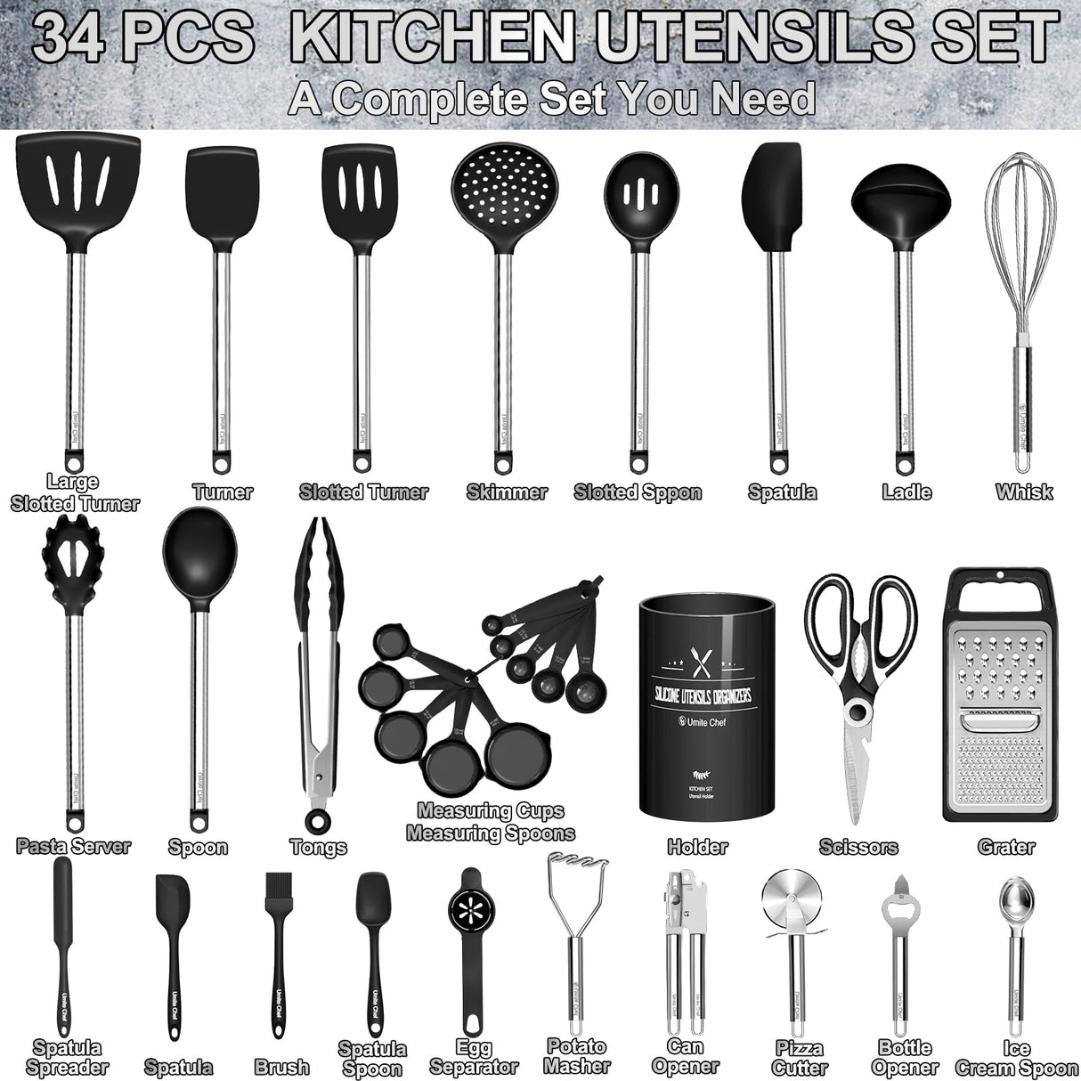 Kitchen Utensils Set-Umite Chef 34 Pcs Silicone Cooking Utensils Set for Nonstick Cookware-Silicone Spatulas Set, Stainless Steel Handle-Black Kitchen Gadgets Tools, Pots and Pans Accessories Umite Chef