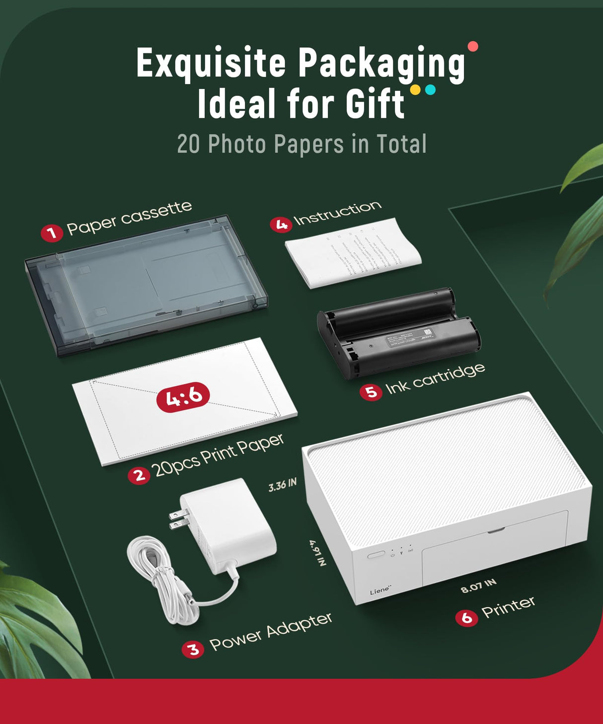 Liene 4x6'' Photo Printer, Wi-Fi, 20 Sheets, Full-Color, Instant Printer for iPhone, Android, Smartphone, Thermal dye Sublimation for Home Use Liene