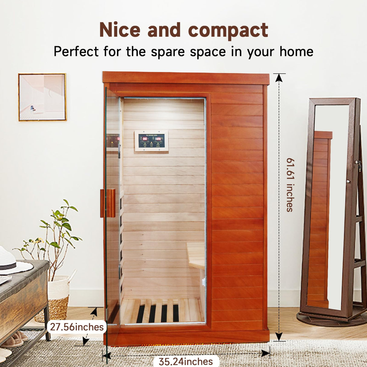 HAOYAYA Infrared Sauna Room with 5 Heating Plates 800W Low-EMF Dry Saunas African Okoume Wood 1-Person Sauna Infrared Room: 35.24 * 27.56 * 61.61 inches. HAOYAYA