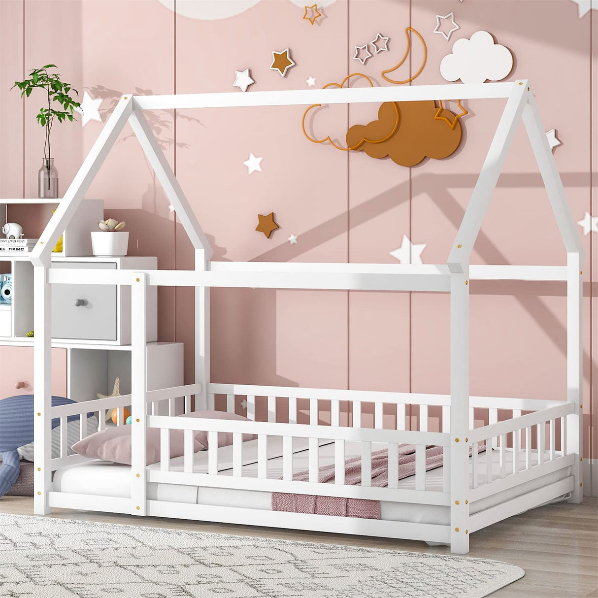 LLS Full Size White Montessori House Bed Frame with Roof and Safety Fence LLS