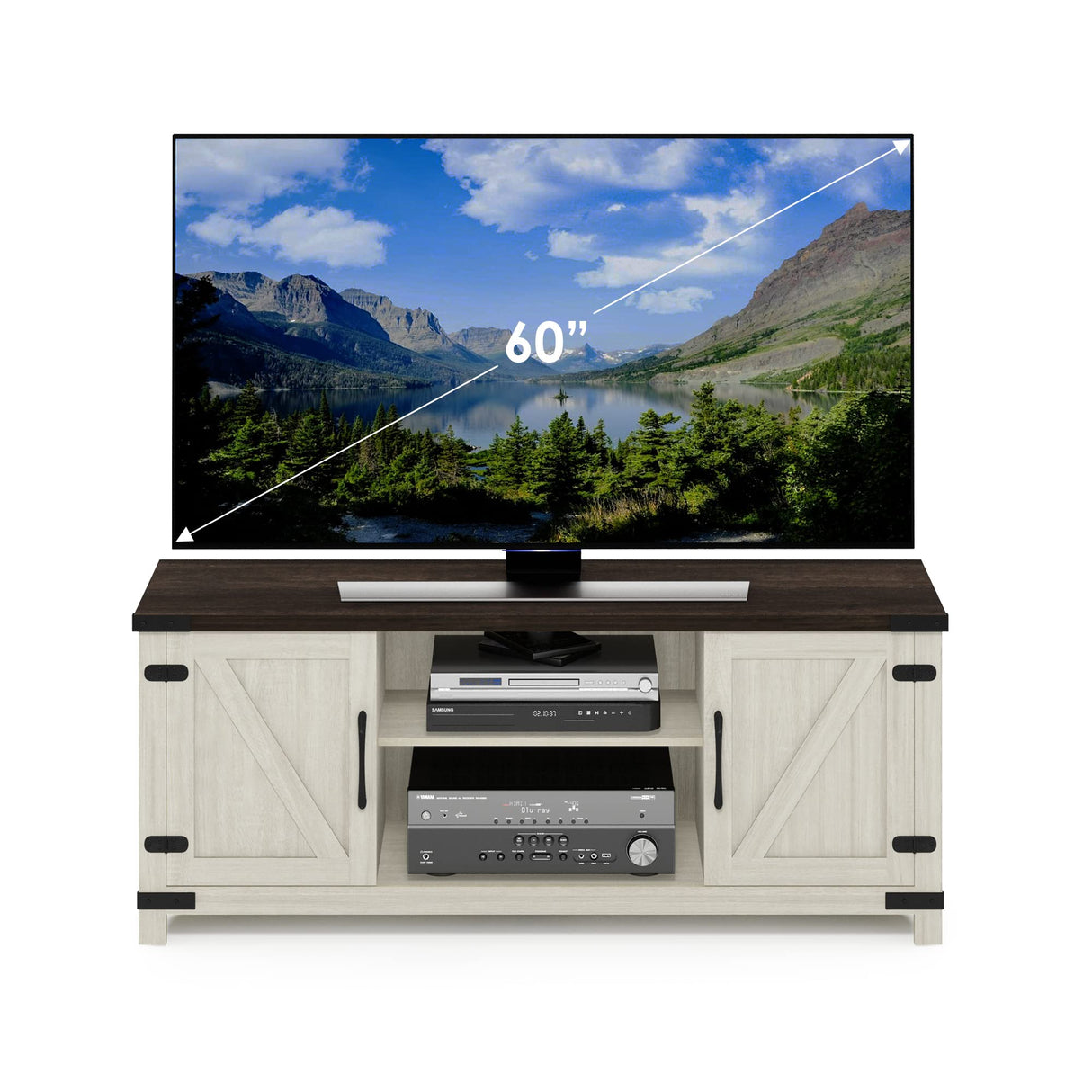 Furinno Jensen Farmhouse Barn Door Living Room TV Stand with Storage Cabinets for TV up to 70 Inch, Ebony/White Wash Furinno