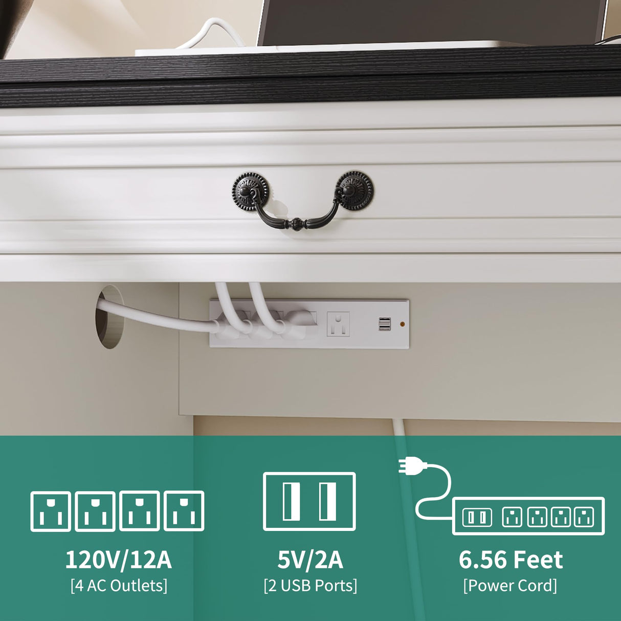 YITAHOME Executive Desk with Power Outlets, 59" Farmhouse Computer Desk with Drawers, Wood Office Desk with Storage Cabinet, Keyboard Tray, Workstation for Home Office, Black & Off White YITAHOME