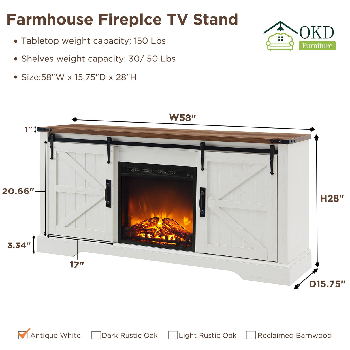 OKD Farmhouse Electric TV Stand for 65+ Inch TV, Rustic Entertainment Center with 18" Fireplace, Sliding Barn Door, Storage Shelves, Wood Media Console Cabinet for Living Room, Antique White OKD