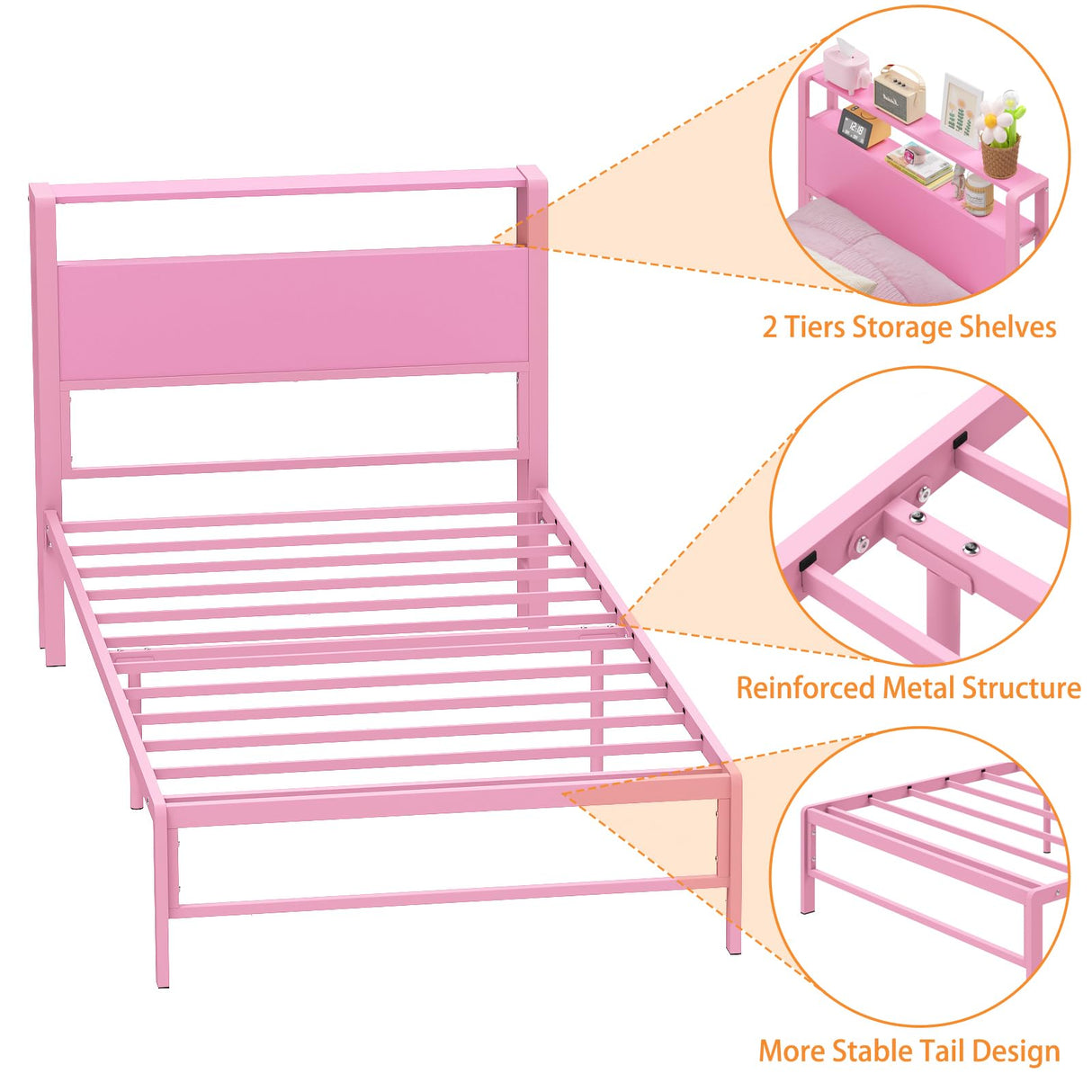 Weehom Twin Bed Frames for Kids with 2 Tiers Wood Storage Shelves Headboard, Twin Size Bed No Box Spring Needed Under Bed Storage Space Metal Platform for Girls and Adults, Pink Weehom