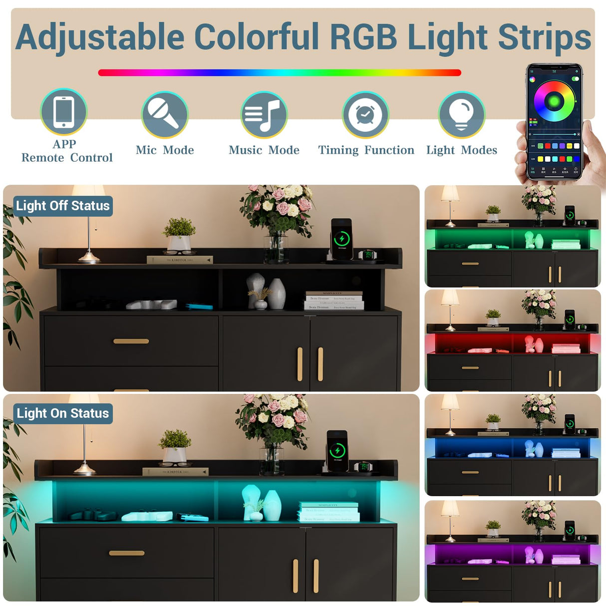 Yeyawomy Black 6 Drawer Dresser with Charging Station & Led Light for Bedroom, Accent Chests of Drawers with Large Cabinet, Modern Storage Dresser with 2 Layer Shelves for Bedroom,Hallway Yeyawomy