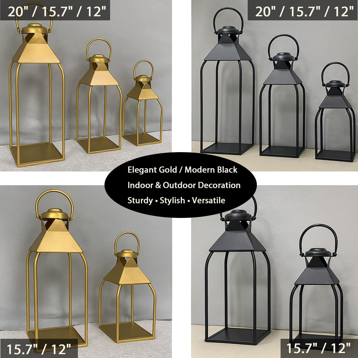 Decorative Metal Lanterns Indoor Outdoor, Candle Holder for Porch, Patio, Fireplace, Floor, Wedding, Christmas, Fall, Holiday, Farmhouse Table Centerpiece (Black, Set of 2 15.7" 12") ZLFart