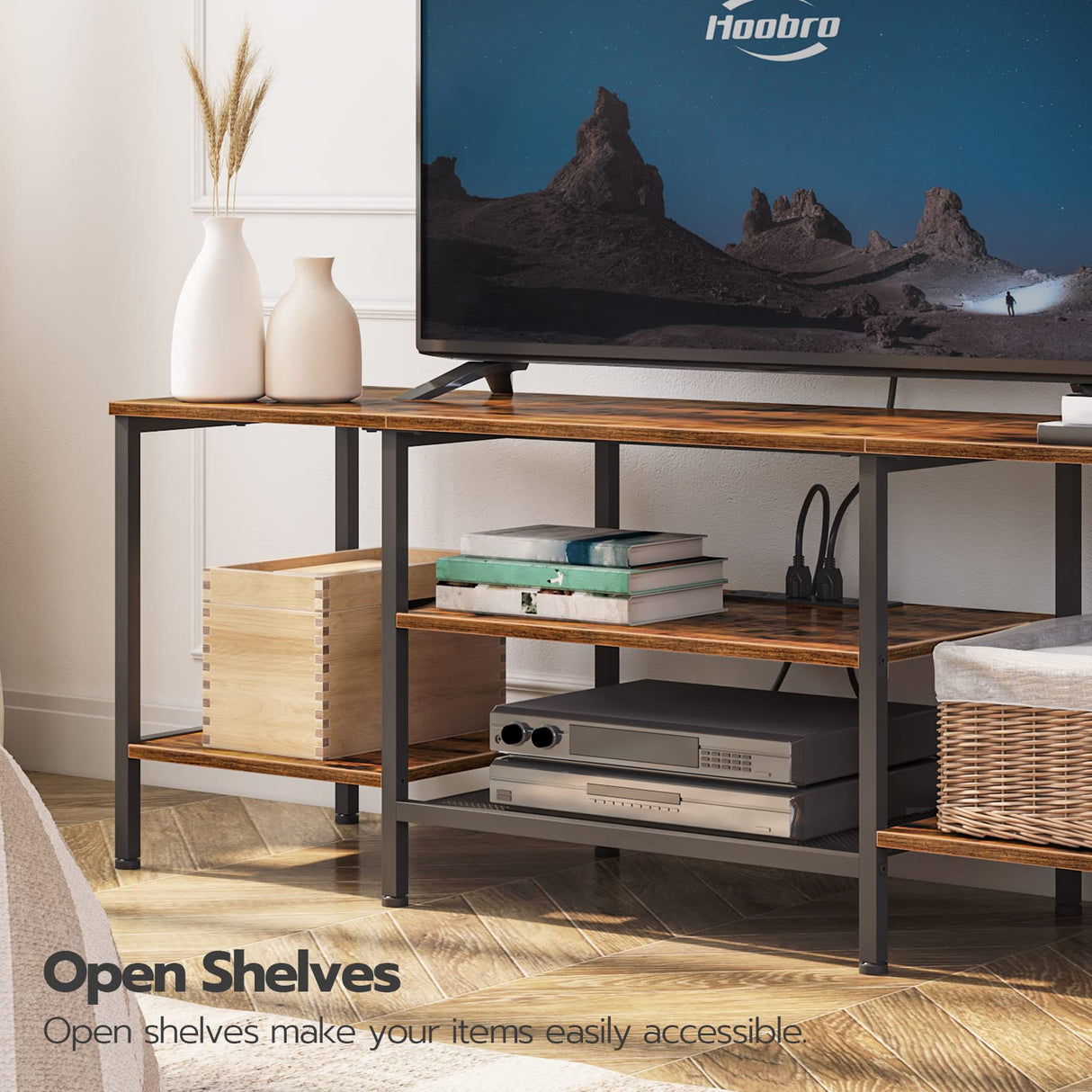 HOOBRO TV Stand with Power Outlets to 75 Inches, TV Console Table with Open Storage Shelves Cabinet, Industrial Media Entertainment Center for Living Room Bedroom, Rustic Brown and Black BF80DS01 HOOBRO