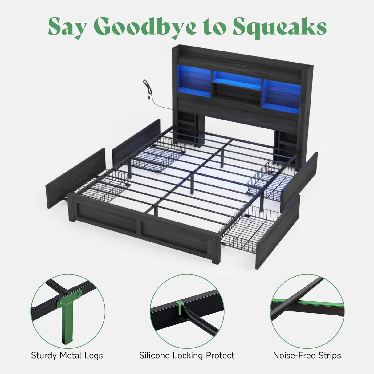 AMERLIFE Full Size Bed Frame with 4 Storage Drawers, LED Bed Frame with 49.6" Tall Bookcase Headboard, Wood Platform Bed with Charging Station & 2 Slide Bedside Shelf, No Box Spring Needed/Black AMERLIFE