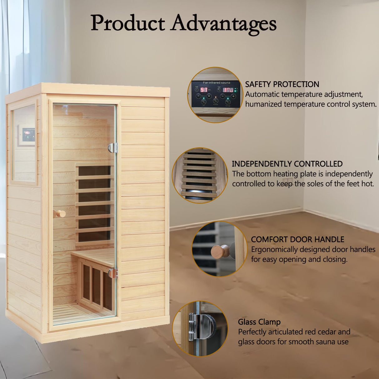 LTCCDSS Infrared Sauna, 1 Person Far Infrared Sauna for Home, with 1050W Indoor Sauna, Low EMF Heaters, 2 Bluetooth Speakers, 1 LED Reading Lamp Hemlock Wood Sauna Room Left Door LTCCDSS