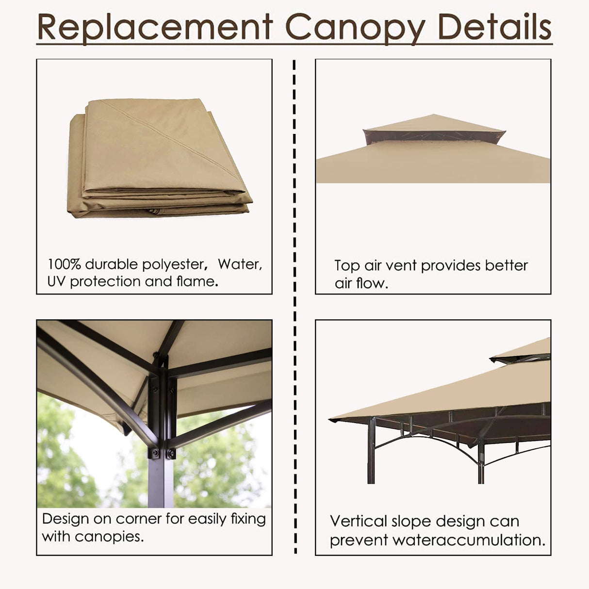 Grill Gazebo Replacement Canopy Roof – Hugline 5x8 Outdoor Grill Shelter Canopy Top Double Tiered BBQ Tent Cover Fit for Model L-GG001PST-F (Beige) Hugline