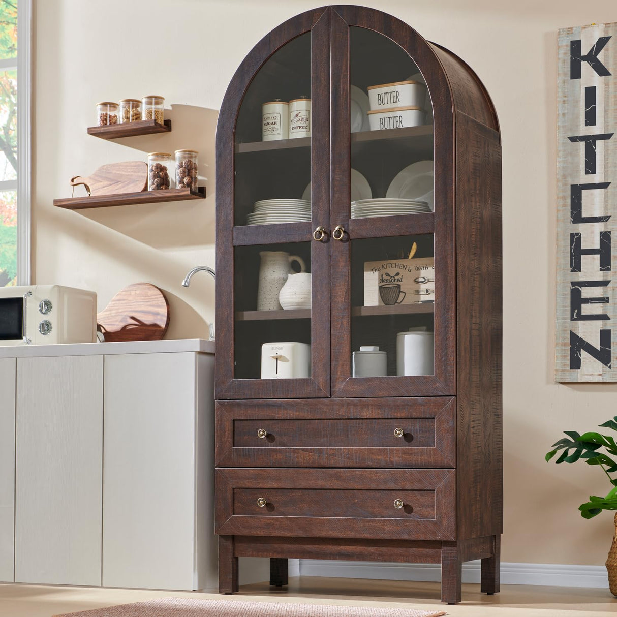 IFGET 71" Tall Arched Kitchen Pantry Cabinet, Wood Kitchens Storage Cabinets with 2 Large Drawers and Adjustable Shelves, Modern Farmhouse Versatile Cupboard for Kitchen, Dining Room, Bathroom, Brown IFGET