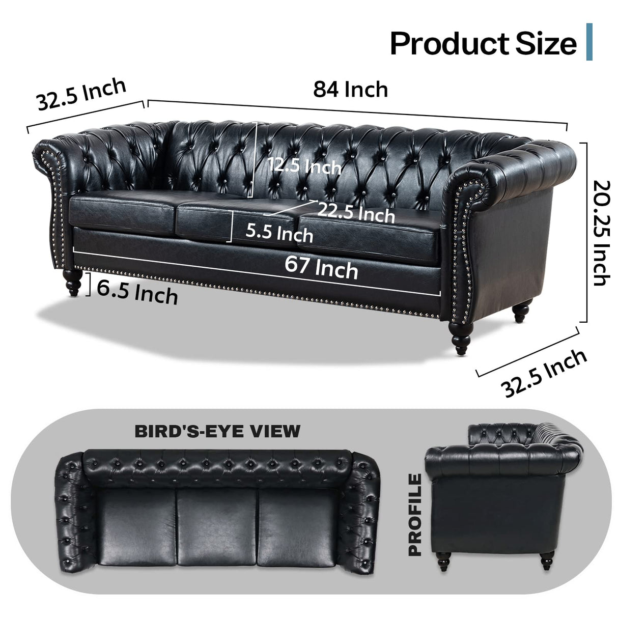 Vaztrlus Chesterfield Sofas for Living Room, Black Rolled Arm 3-Seater Leather 84" Large Couch Deep Button Nailhead Tufted Upholstered Couches for Bedroom, Office Apartment Easy to Assemble Vaztrlus
