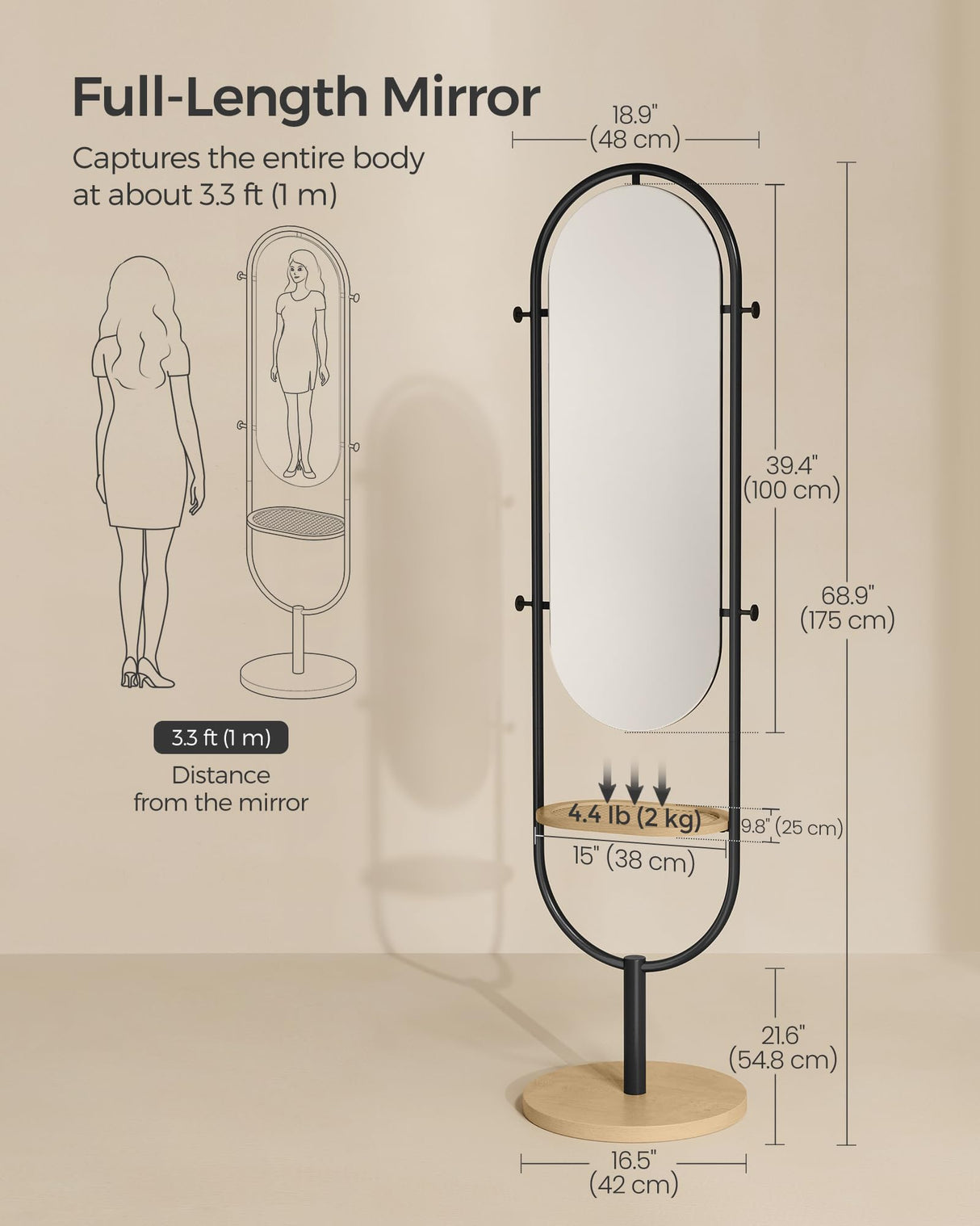 SONGMICS Full-Length Floor Mirror, 3-in-1, Modern Standing Full Body Mirror, Inspired by Original Award-Winning Design, 16.5 x 18.9 x 68.9 Inches, Living Room, Bedroom, Oak Beige and Ink Black SONGMICS