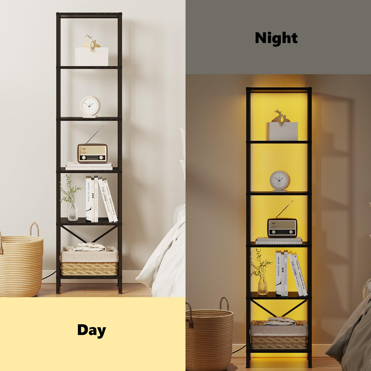 JARHETUN 6-Tier LED Bookshelf - Tall Narrow Bookcase with Steel Frame in Black JARHETUN