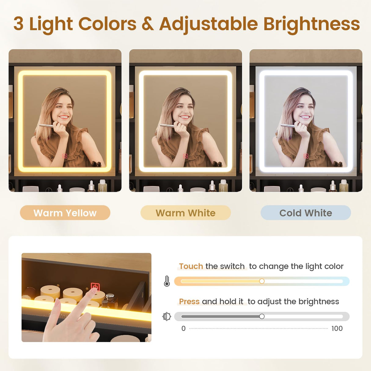 BTHFST Makeup Vanity with Upholstered Stool & Charging Station, Vanity Desk with Mirror and Lights & Jewelry Storage, Vanity Table Set with RGB Lights & 5 Drawers & Shelves, Black & Gold BTHFST