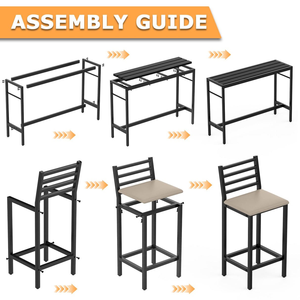 Jinrrenyi Outdoor Patio Bar Set 3 Piece,50" Rectangular Counter Height High Top Bar Tables, 2 Cushioned 41" Bar Stools, Metal Bar Table and Chairs Set for Poolside, Balcony, Backyard, Porch Jinrrenyi