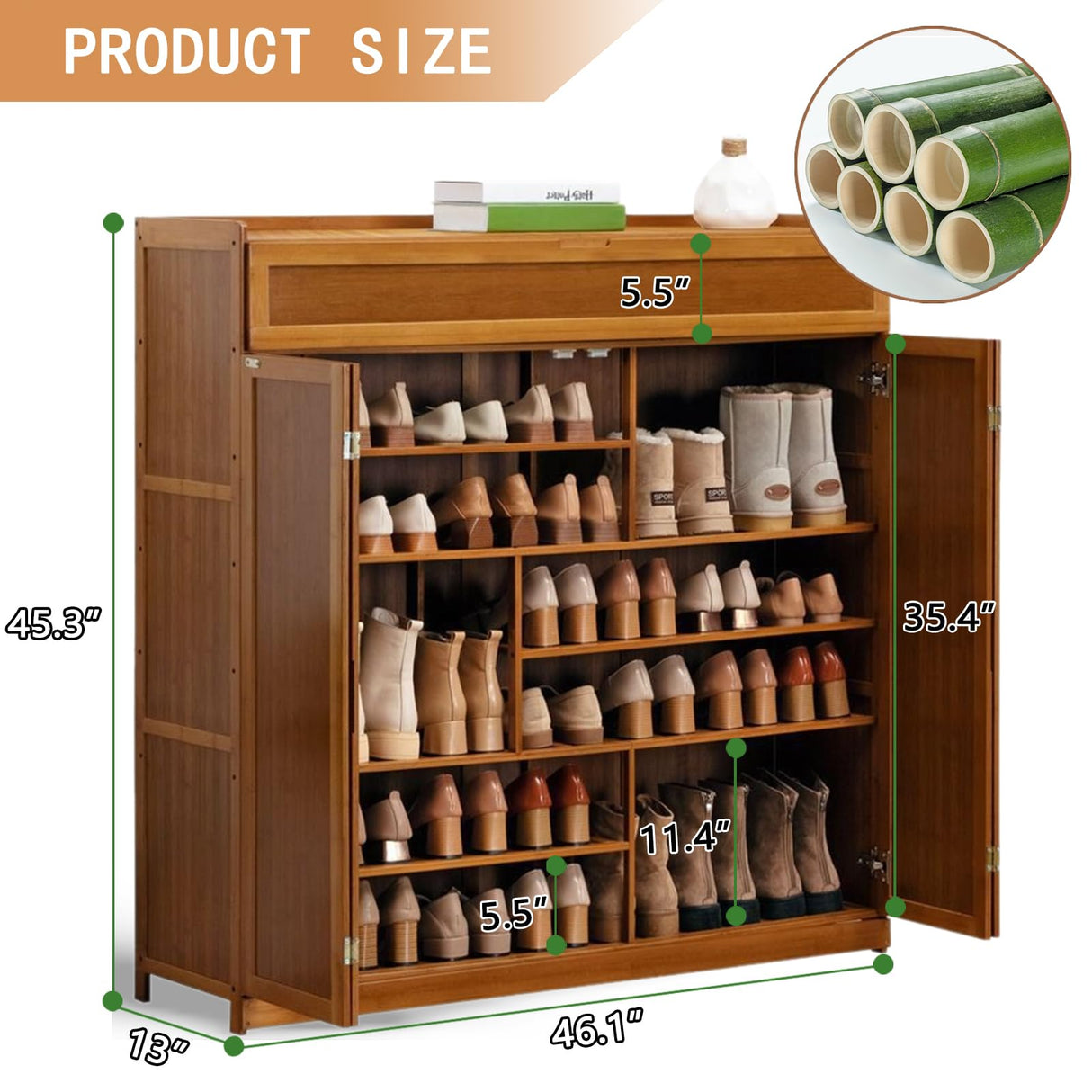 wrdela 7 Tier Bamboo Shoe Storage Cabinet, Freestanding Shoe Rack with Doors, Shoe Cabinet with 1 Flip Drawers Shoe Organizer for Entryway Slim, Hallway, Bedroom (Brown - Flip) wrdela