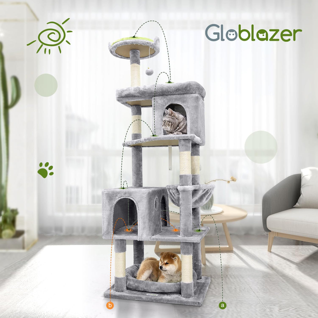 Globlazer S72 Heavy Duty Cat Trees for Large Cats, Sturdy 72in Maine Coon Cat Tree for Large Cats 20 lbs+ Heavy Duty Cat Tower for Adult Biggest Cats with 6 Scratching Posts, Hammock, Light Grey Globlazer