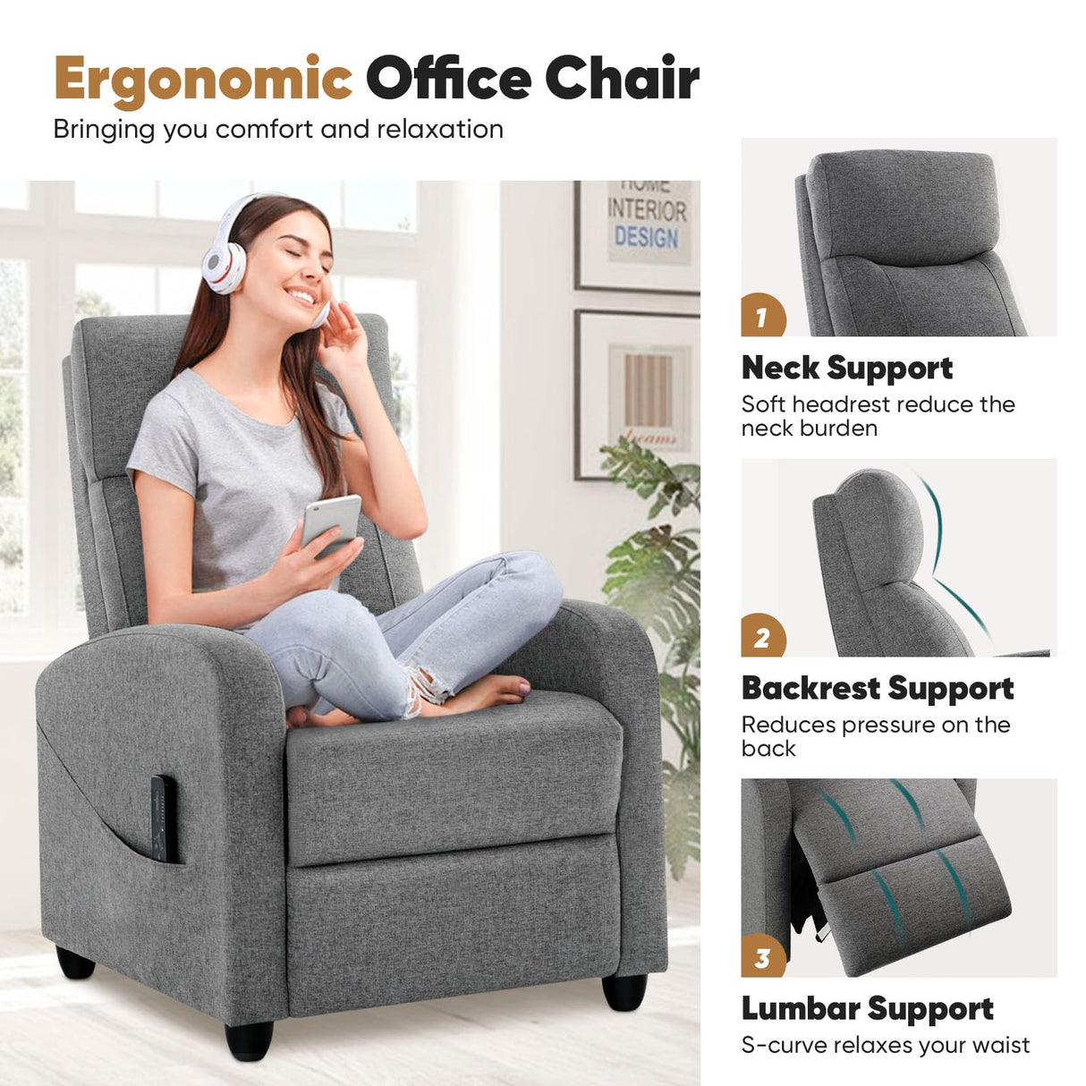 DUMOS Recliner Chair for Adults, Massage Reclining Chair for Living Room, Adjustable Home Theater Seating Single Sofa with Padded Seat Backrest and Footrest, Linen, Grey DUMOS