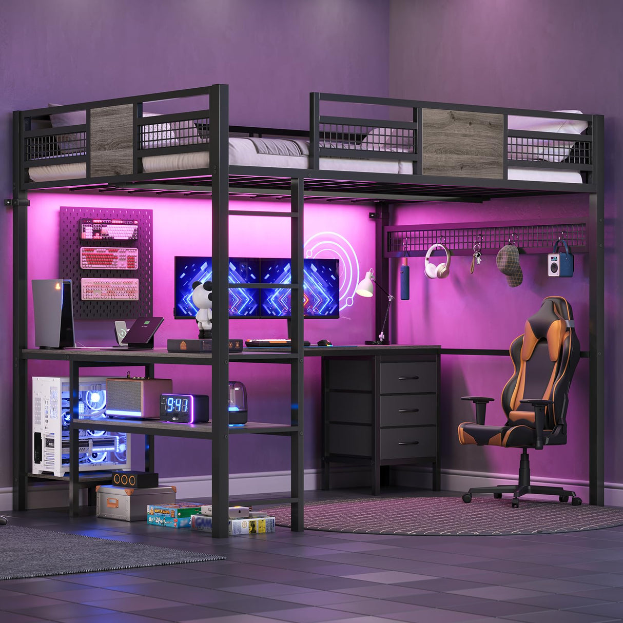 BTHFST Full Size Loft Bed with L-Shaped Desk and 3 Storage Drawers, LED Lights & Charging Station, Open Storage Shlef, Metal Loft Bed Frame with Solid Slats and Guardrail, Space Saving, Grey BTHFST